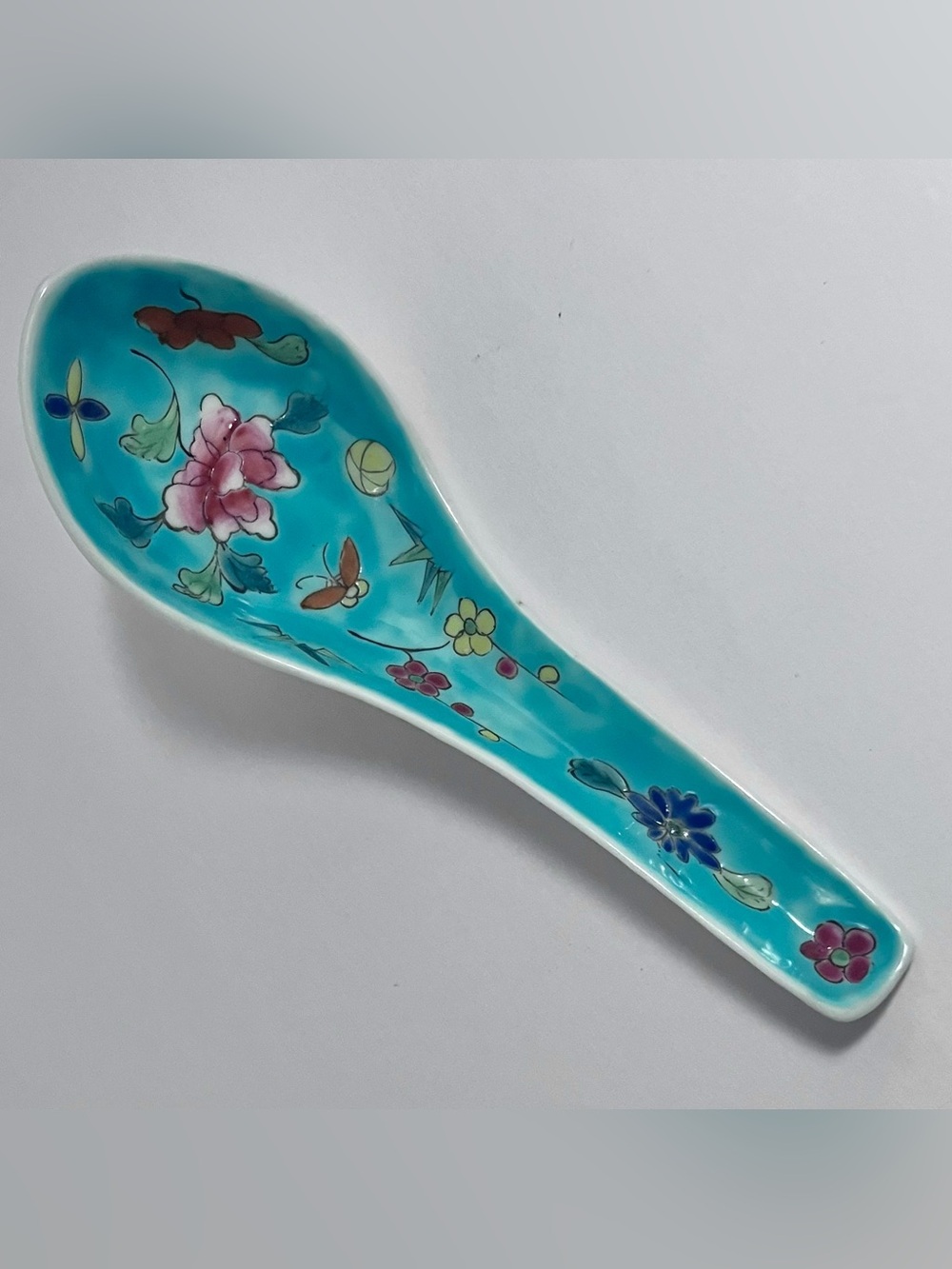 Vintage CHINESE SPOON / Hand Painted TURQUOISE / Flowers & INSECTS / Marked